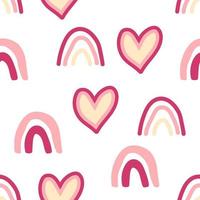 Seamless childish pattern with hand drawn rainbows and hearts. Creative scandinavian kids texture for fabric vector