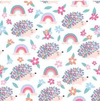 seamless childish floral pattern with flowers and cute hedgehogs on black background vector