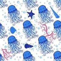 Seamless pattern with detailed transparent jellyfish. Childish seamless pattern with cute hand drawn fishes and jellyfishes in doodle style. Trendy nursery background vector