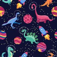 Dino in space seamless pattern. Cute dragon characters, dinosaur traveling galaxy with stars, planets. Kids cartoon background. Illustration of astronaut dragon, kids wrapping with cosmic dino vector