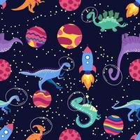 Dino in space seamless pattern. Cute dragon characters, dinosaur traveling galaxy with stars, planets. Kids cartoon background. Illustration of astronaut dragon, kids wrapping with cosmic dino vector