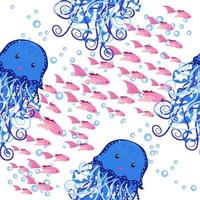 Seamless pattern with detailed transparent jellyfish. Childish seamless pattern with cute hand drawn fishes and jellyfishes in doodle style. Trendy nursery background vector