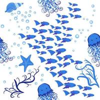 Seamless pattern with detailed transparent jellyfish. Childish seamless pattern with cute hand drawn fishes and jellyfishes in doodle style. Trendy nursery background vector