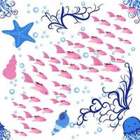 Seamless pattern with detailed transparent jellyfish. Childish seamless pattern with cute hand drawn fishes and jellyfishes in doodle style. Trendy nursery background vector