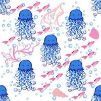 Seamless pattern with detailed transparent jellyfish. Childish seamless pattern with cute hand drawn fishes and jellyfishes in doodle style. Trendy nursery background vector