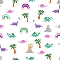 Hand drawn cute dinosaurs seamless pattern. Childrens pattern with dinos, rainbows, clouds, stars, polka dots vector