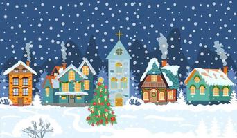 happy new year and merry Christmas winter old town street. christmas town city panorama. Santa Claus vector