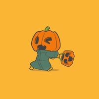 una linda cabeza de calabaza de dibujos animados trae un balde vector