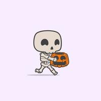 skeleton run de personaje gráfico trae una calabaza gigante vector