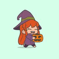 Graphics Cartoon Witching brings pumpkin a bucket vector