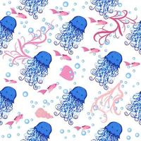 Seamless pattern with detailed transparent jellyfish. Childish seamless pattern with cute hand drawn fishes and jellyfishes in doodle style. Trendy nursery background vector