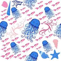 Seamless pattern with detailed transparent jellyfish. Childish seamless pattern with cute hand drawn fishes and jellyfishes in doodle style. Trendy nursery background vector