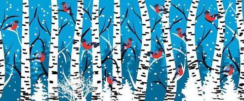 Winter seamless pattern with bullfinches and birch trees. vector