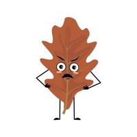 personaje de hoja de roble con emociones enojadas, cara gruñona, ojos furiosos, brazos y piernas. planta forestal en color marrón otoñal. ilustración plana vectorial vector