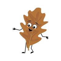 Oak leaf character with joyful emotions, smile on face, happy eyes, arms and legs. Cheerful forest plant in autumn brown colour. Vector flat illustration