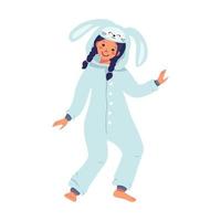 Girl in carnival rabbit costume. Children pajama party. Kid wearing jumpsuits or kigurumi, festive clothing for new year, Christmas or holiday. Vector flat illustration