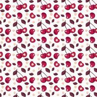 Cherry berry seamless pattern with leaves, print on pink background in monochrome colours. Vector flat illustration with different red elements for spring and summer. Vector flat illustration