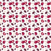 Cherry berry seamless pattern with leaves, print on pink background in monochrome colours. Vector flat illustration with different red elements for spring and summer. Vector flat illustration