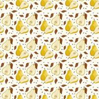 Seamless pattern with yellow pear in monochrome brown colors. Print of whole and half healthy fruits. Background from sweet food for diet. Vector flat illustration