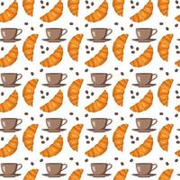 Seamless pattern with croissants, cups, saucers and coffee beans. Cute print with pastries and drinks for cafe and restaurant menus, textiles, paper and design. Vector flat illustration