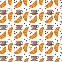 Seamless pattern with croissants, cups, saucers and coffee beans. Cute print with pastries and drinks for cafe and restaurant menus, textiles, paper and design. Vector flat illustration