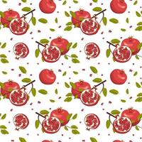 Seamless pattern with whole and half red pomegranate with seeds and branch with leaves. Healthy fruits print on white background. Sweet food for diet. Vector flat illustration