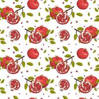 Seamless pattern with whole and half red pomegranate with seeds and branch with leaves. Healthy fruits print on white background. Sweet food for diet. Vector flat illustration