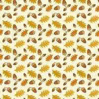 Seamless autumn pattern with acorn and leaves on yellow background. Bright fall print for textile and design. Vector flat illustration