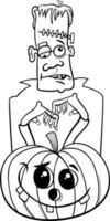 cartoon zombie with Halloween pumpkin coloring page vector