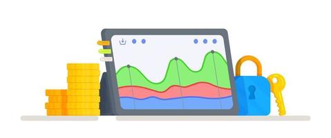 Vector illustration of tablet trading. Spending graph for the last month.