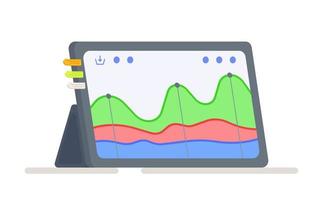 Vector illustration of financial analytics. Tablet with stock candlestick chart advertising web banner. Tablet invest