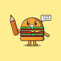 Burger estudiante inteligente de dibujos animados lindo con lápiz vector