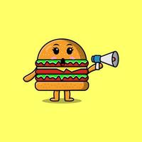 lindo personaje de hamburguesa de dibujos animados habla con megáfono vector