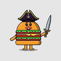 Cute dibujos animados mascota hamburguesa pirata sosteniendo espada vector