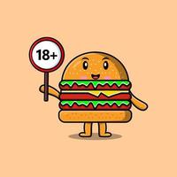 hamburguesa de dibujos animados lindo con tablero de letrero 18 plus vector