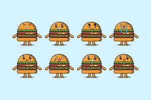 Establecer caricaturas de hamburguesas kawaii con expresiones vector