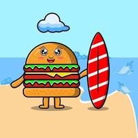 lindo personaje de hamburguesa de dibujos animados jugando al surf vector