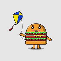 lindo personaje de hamburguesa de dibujos animados jugando cometa volando vector