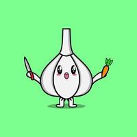 Cute cartoon Garlic holding knife and carrot vector