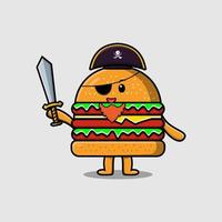 Cute dibujos animados mascota hamburguesa pirata sosteniendo espada vector