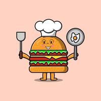 Cute cartoon Burger chef holding pan and spatula vector