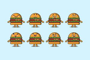 Set kawaii Burger cartoon with expressions vector