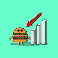 hamburguesa de dibujos animados lindo con gráfico de signo hacia abajo vector