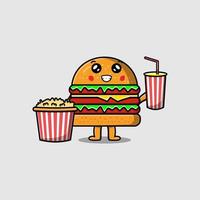 Cute cartoon Burger with popcorn and drink vector