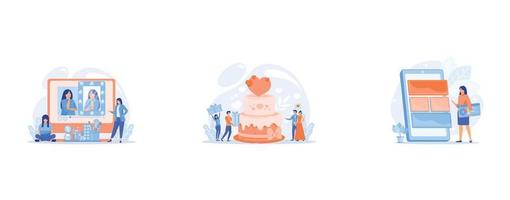 una usuaria observa a una bloguera de belleza que muestra el tutorial de maquillaje de última tendencia, la novia y el novio en la fiesta de bodas e invitados con regalos en el gran pastel, optimización de software móvil, ui, desarrollo de ux, vector