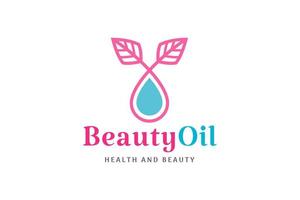 logotipo de cuidado de belleza cosmética con gota de aceite y forma de hoja vector