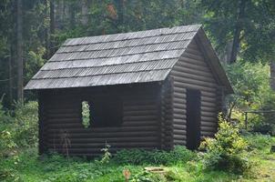 Small natural house, which is built of wood. The building is located in the forest photo