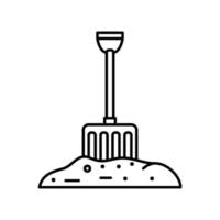 Garden fork icon stick on soil in black outline style vector