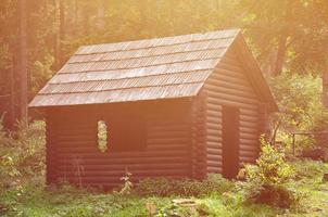 Small natural house, which is built of wood. The building is located in the forest photo