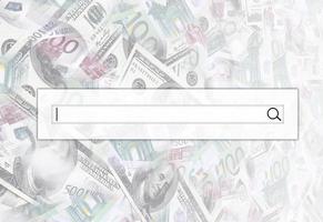 The search string is located on top of collage of many images of euro banknotes in denominations of 100 and 500 euros lying in the heap photo